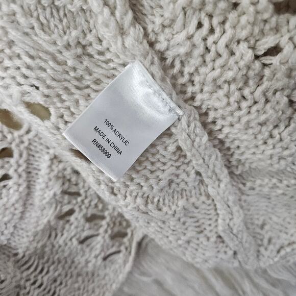 Boho Open Front Crochet Knit Fringe Cardigan Sweater Cream Sz Small Long Sleeve - Picture 8 of 8